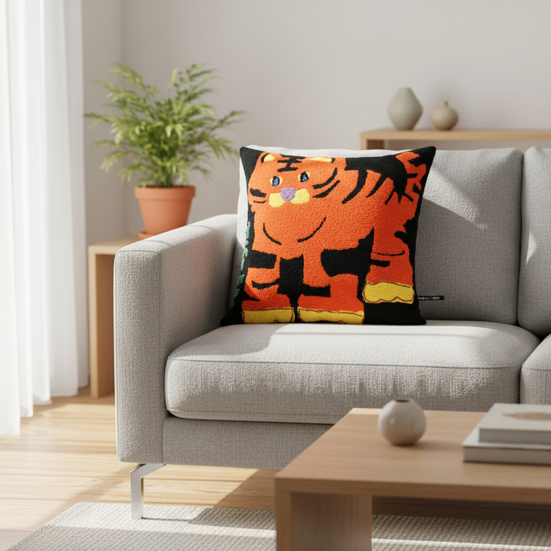 Decorative tiger throw pillow styled on a sofa in a modern living room