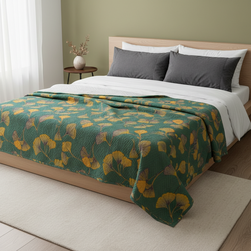 Jacquard Floral Ginkgo Leaves Reversible Coverlet styled on a bed in a modern bedroom