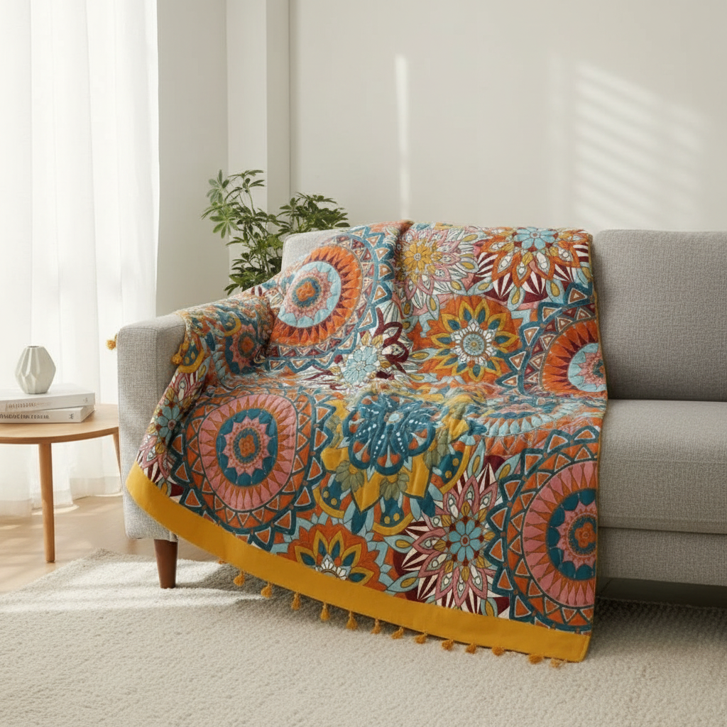 Moroccan Floral Jacquard Cotton Blanket styled in a modern living room