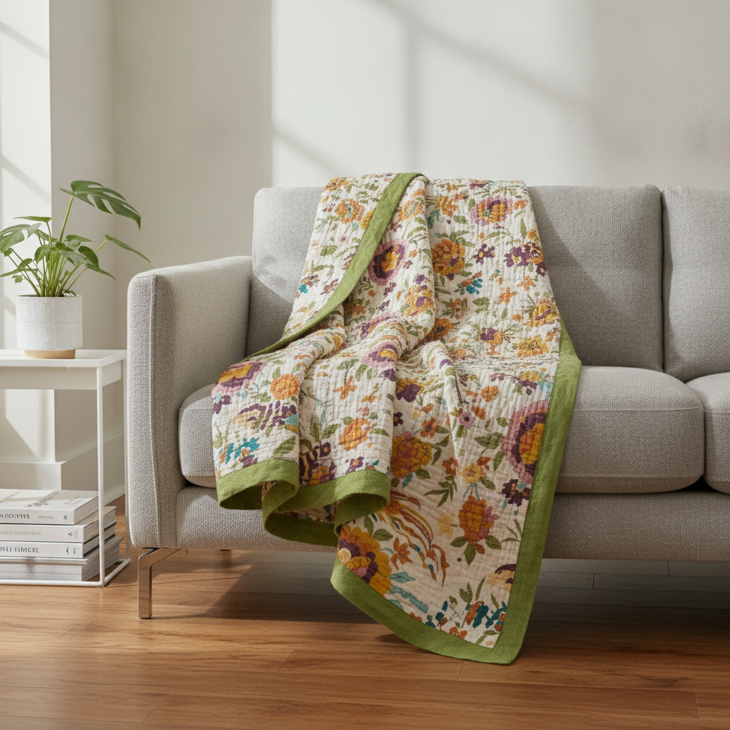 Soft Blossom Breeze Coverlet draped over a sofa in a cozy living room