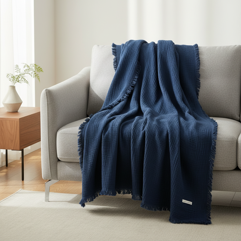 Cotton Crinkle Tassel Blanket Midnight Blue styled in a modern living room