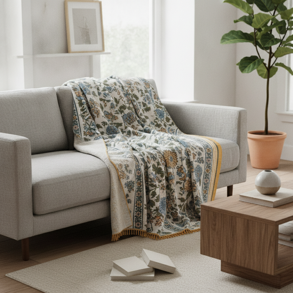 Meadow Bliss Boho Floral Blanket styled in a modern living room