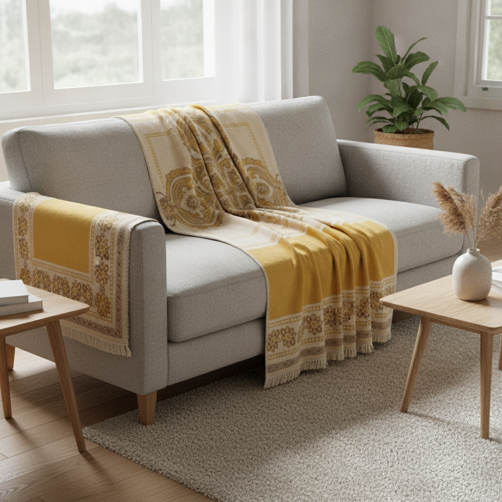 Wander Cotton Boho Mandala Blanket draped on a sofa in a modern living room