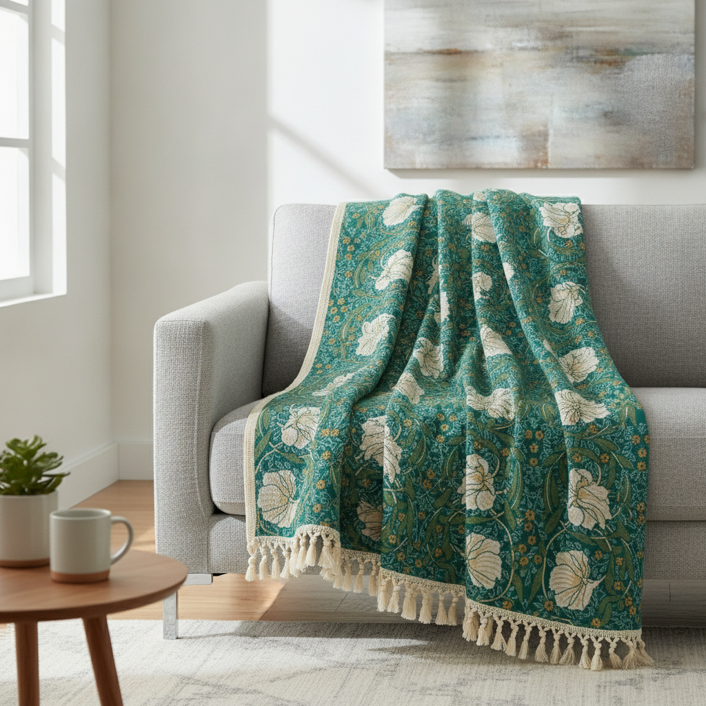 Green Botanical Bloom Cotton Blanket draped on a sofa in a modern living room