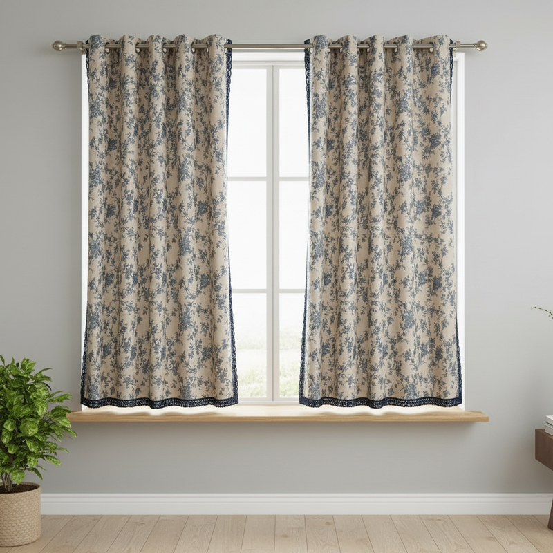 Maribelle floral lace curtain hung at a window in a styled room