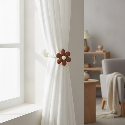 Whimsical flower tie-back holding back a curtain at a window