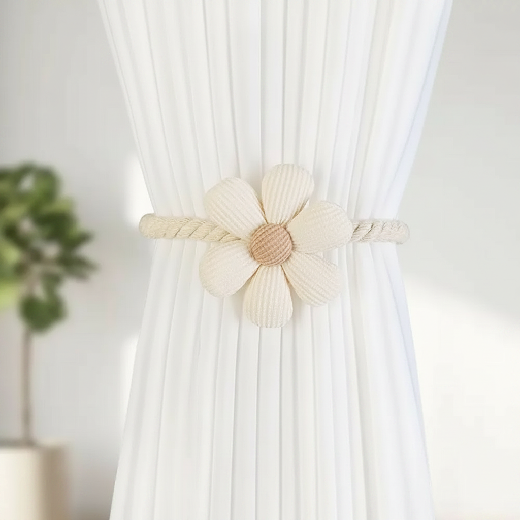 Delicate flower magnetic curtain tie-back holding back a curtain at a window