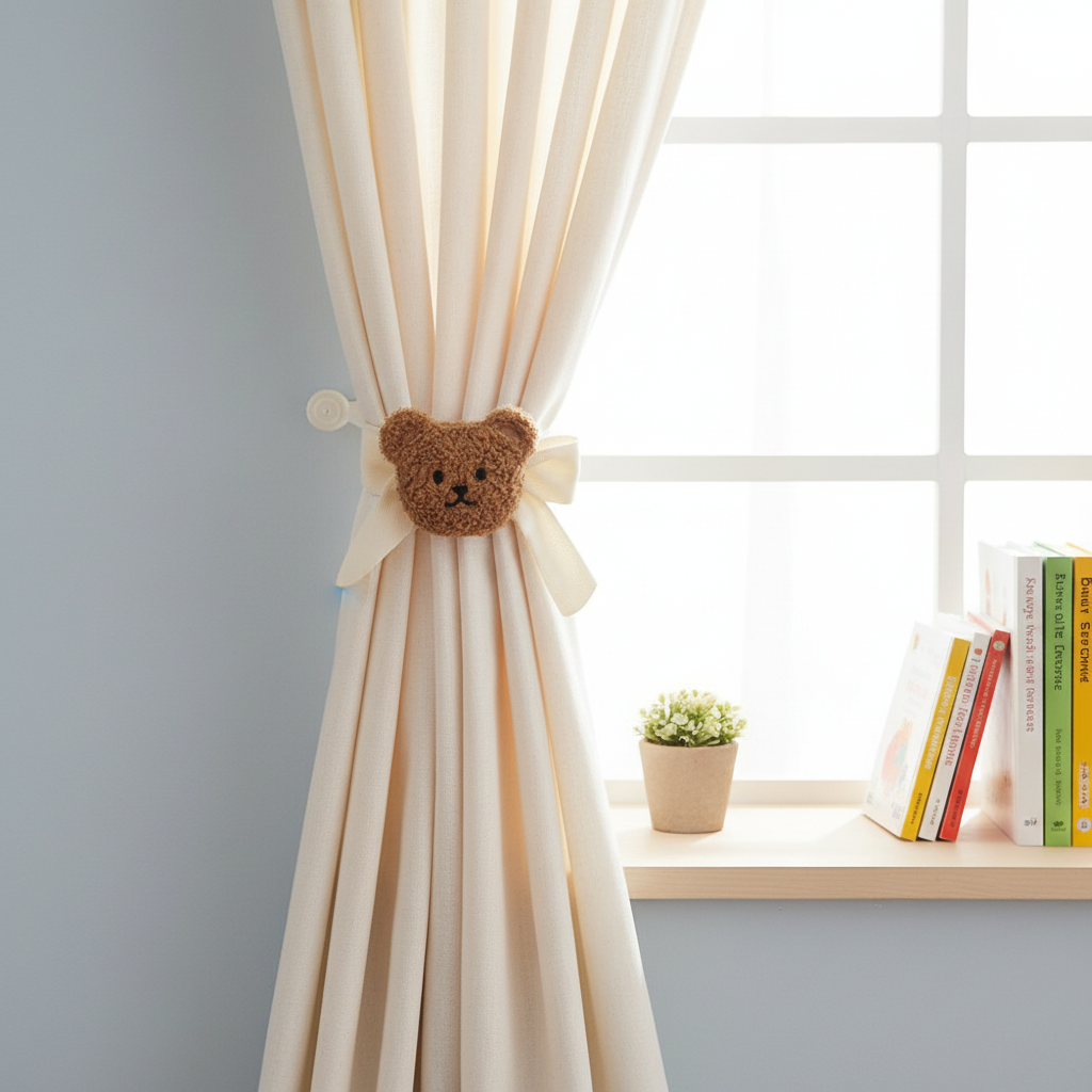 Teddy bear plush curtain strap holding back a curtain in a child's room