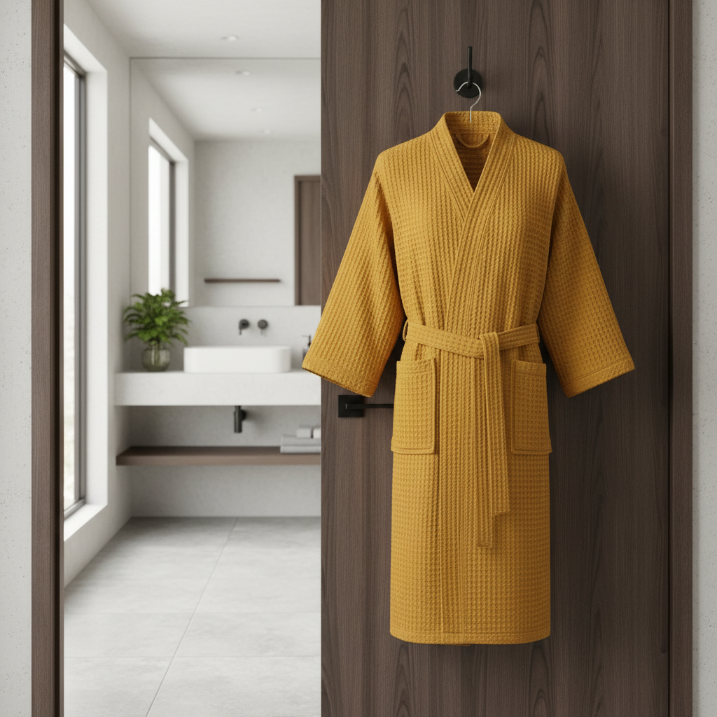 Waffle V-Neck Cotton Bathrobe hung in a bathroom