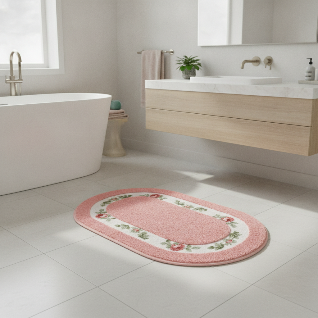 Floral oval plush bath mat on a bathroom floor by the tub