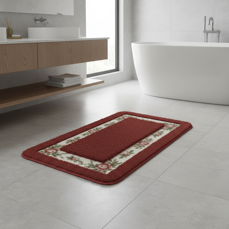 Floral border absorbent bath mat on a bathroom floor by the tub