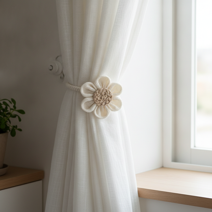 Floral hemp curtain tie-back holding back a curtain at a window