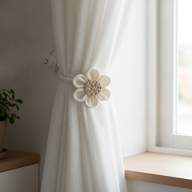 Floral hemp curtain tie-back holding back a curtain at a window