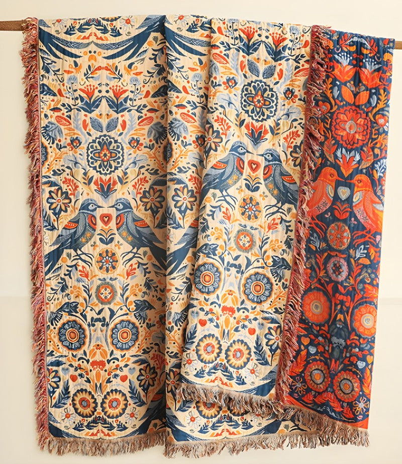 Bird Floral Design Cotton Throw Blanket