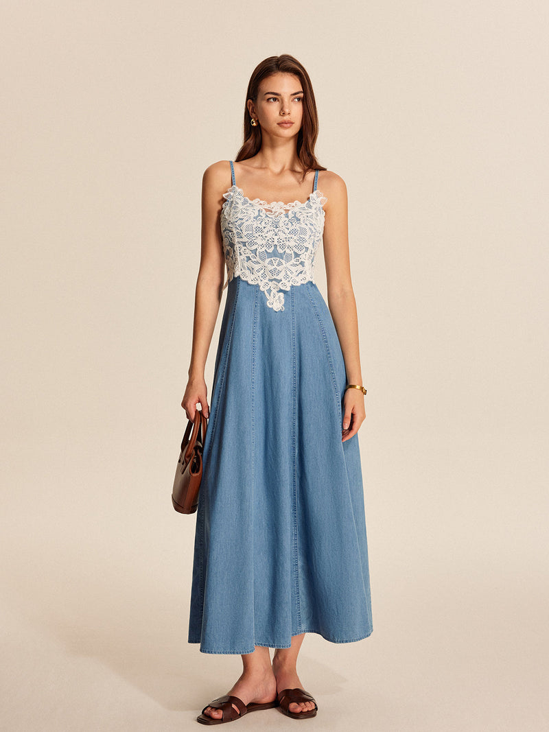 Cleo Women's Dress | Denim, Lace, V-neck