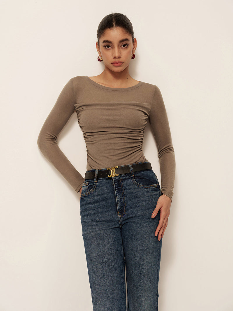 Delphine Women's Pleated T-shirt | Ruched, Crew Neck, Long Sleeve