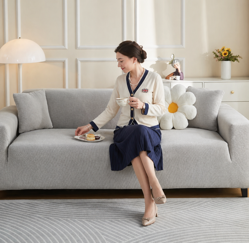 Narrow Jacquard Light Grey Couch Cover