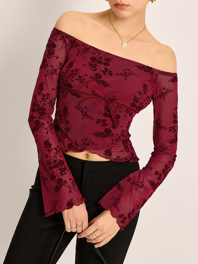 Winona Women's Floral T-shirt | Mesh, Off-shoulder, Long Sleeve