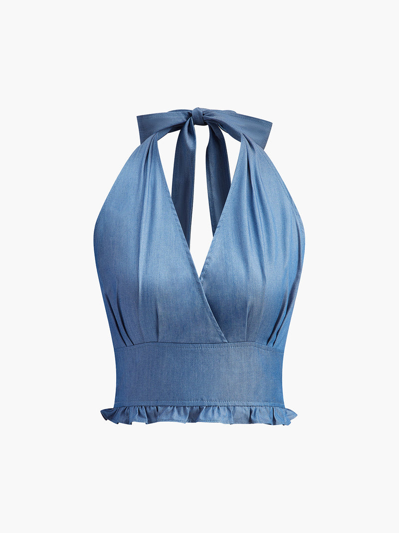 Sienna Women's Ruffled Top | Halter, Denim, V-neck