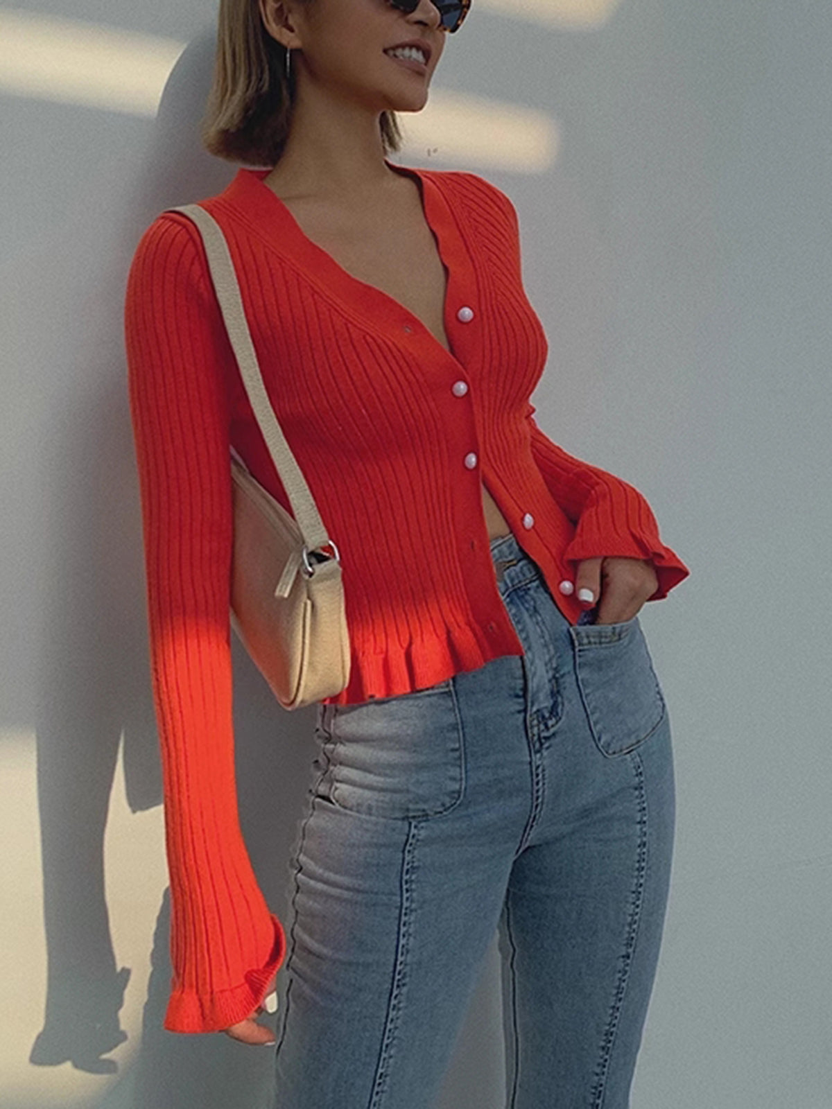 Winona Women's Ruffled Cardigan - styled view