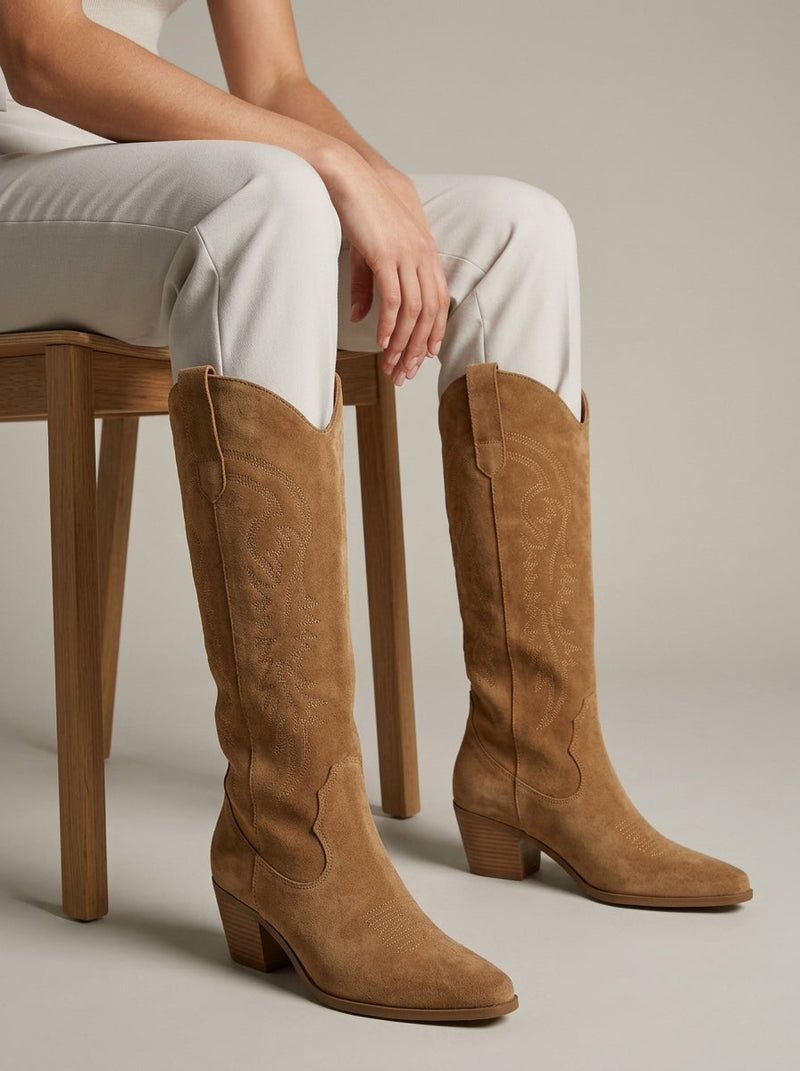 Lumi Women's Block Heel Knee-high Boots | Western, Embroidered, Zipper