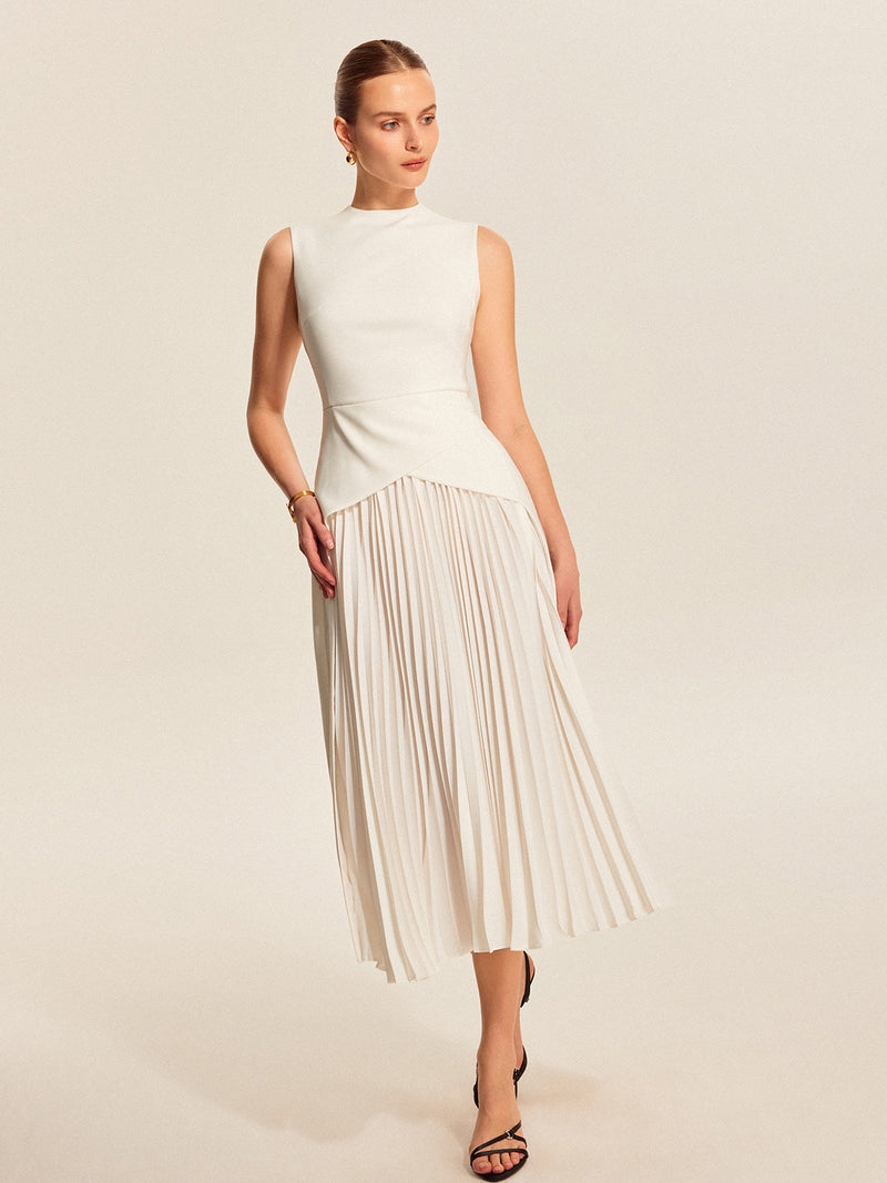 Beatrix Women's Pleated Dress | Crew Neck, Sleeveless, Midi