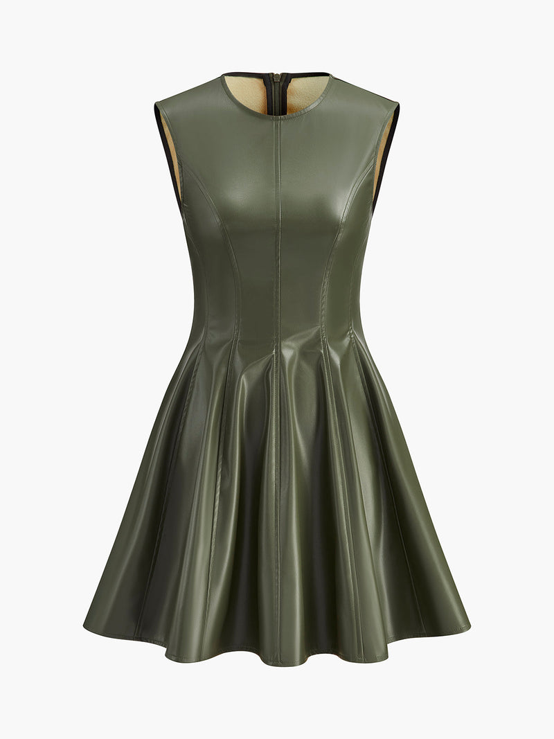 Giselle Women's Pleated Dress | Faux Leather, Crew Neck, Sleeveless
