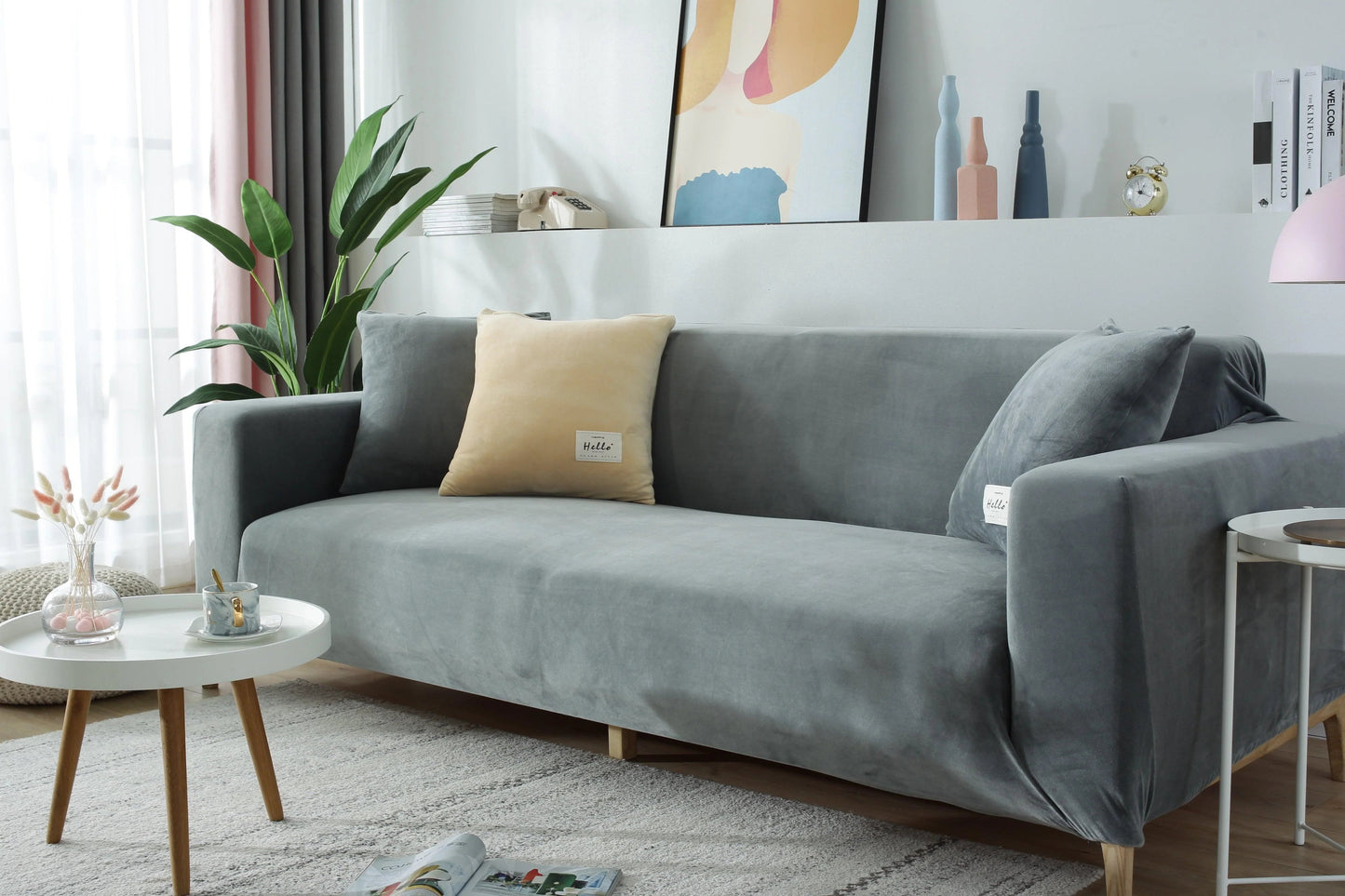 Velvet Light Grey Couch Cover