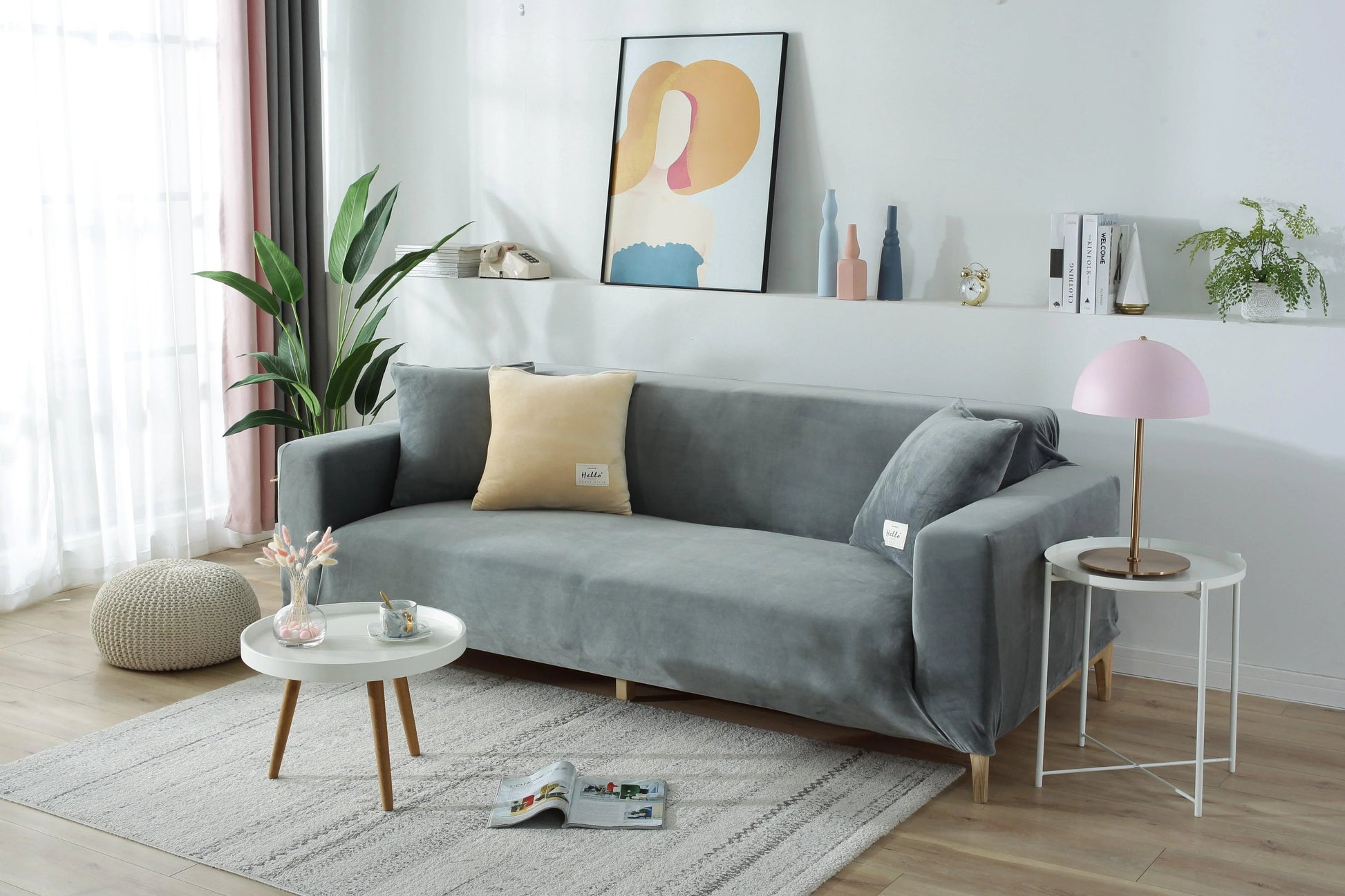 Velvet Light Grey Couch Cover
