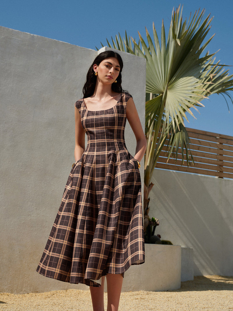 Rosa Women's Pleated Dress | Plaid, Square Neck, Sleeveless