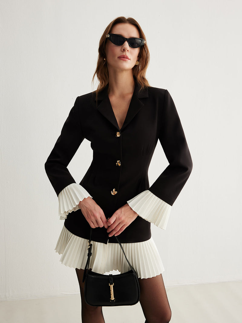 Wren Women's Pleated Dress | V-neck, Long Sleeve, Button