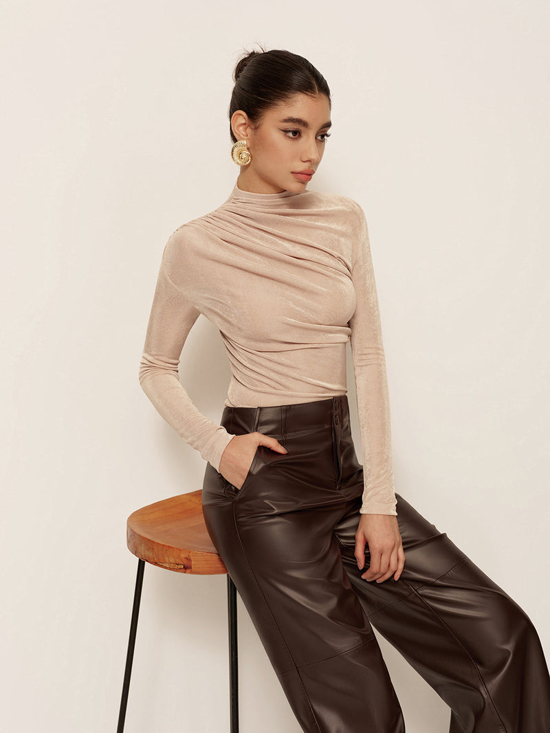 Eloise Women's Pleated T-shirt | Slim Fit, Ruched, Mock Neck