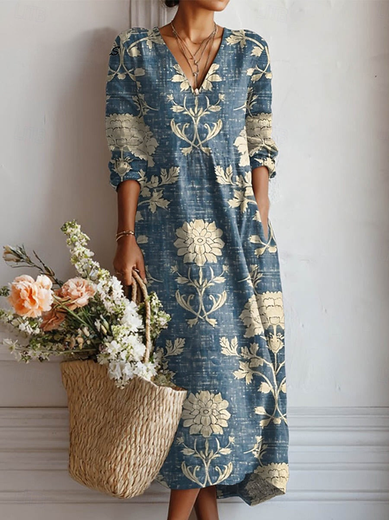 Selma Women's Floral Maxi Dress | A-line, V-neck, 3/4 Sleeve